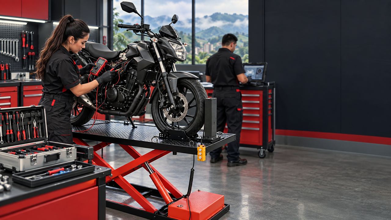Técnica revisando con un multímetro el sistema eléctrico de una moto sobre una mesa elevadora