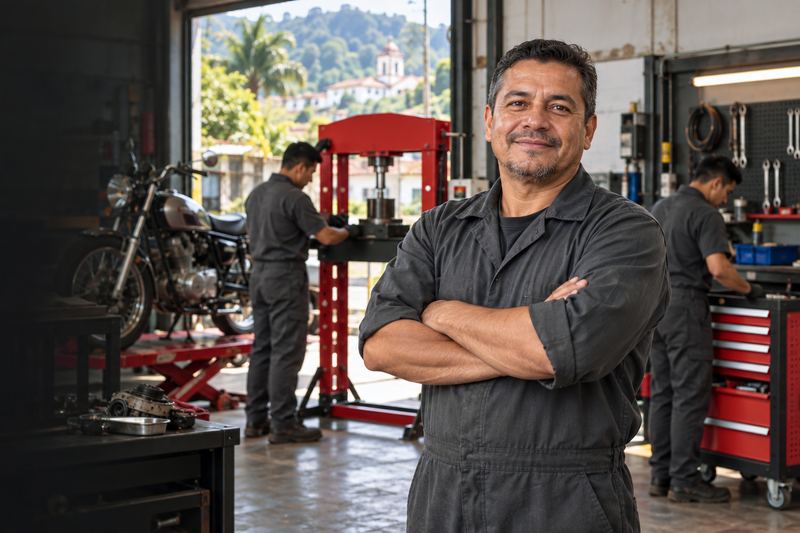Dueño de un taller independiente de brazos cruzados, con sus técnicos trabajando atrás