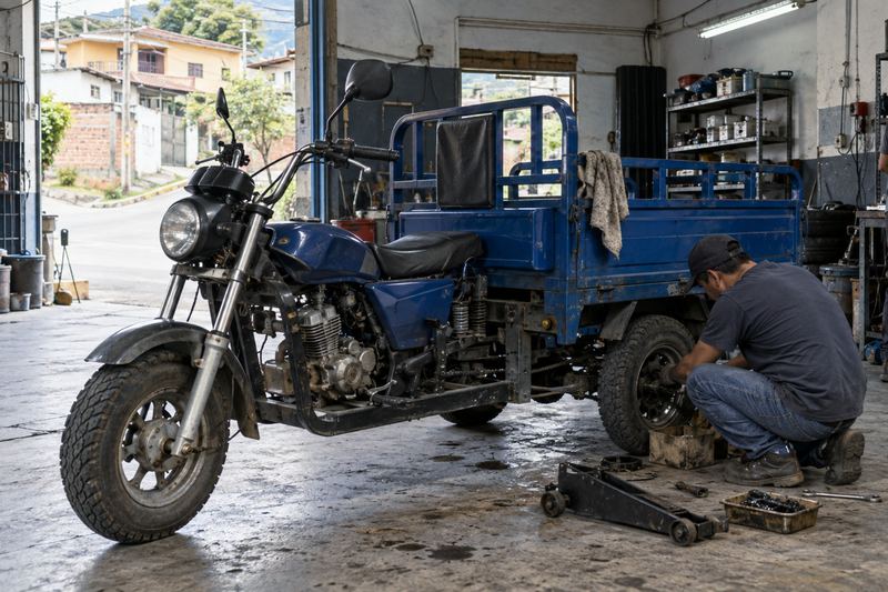 Técnico revisando la rueda trasera de un motocarro de carga en un taller