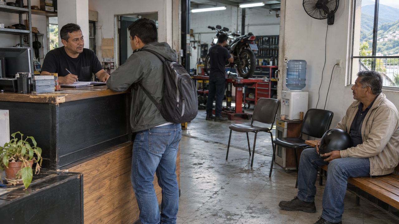 Recepción de un taller de motos: un cliente habla en el mostrador y otro espera sentado