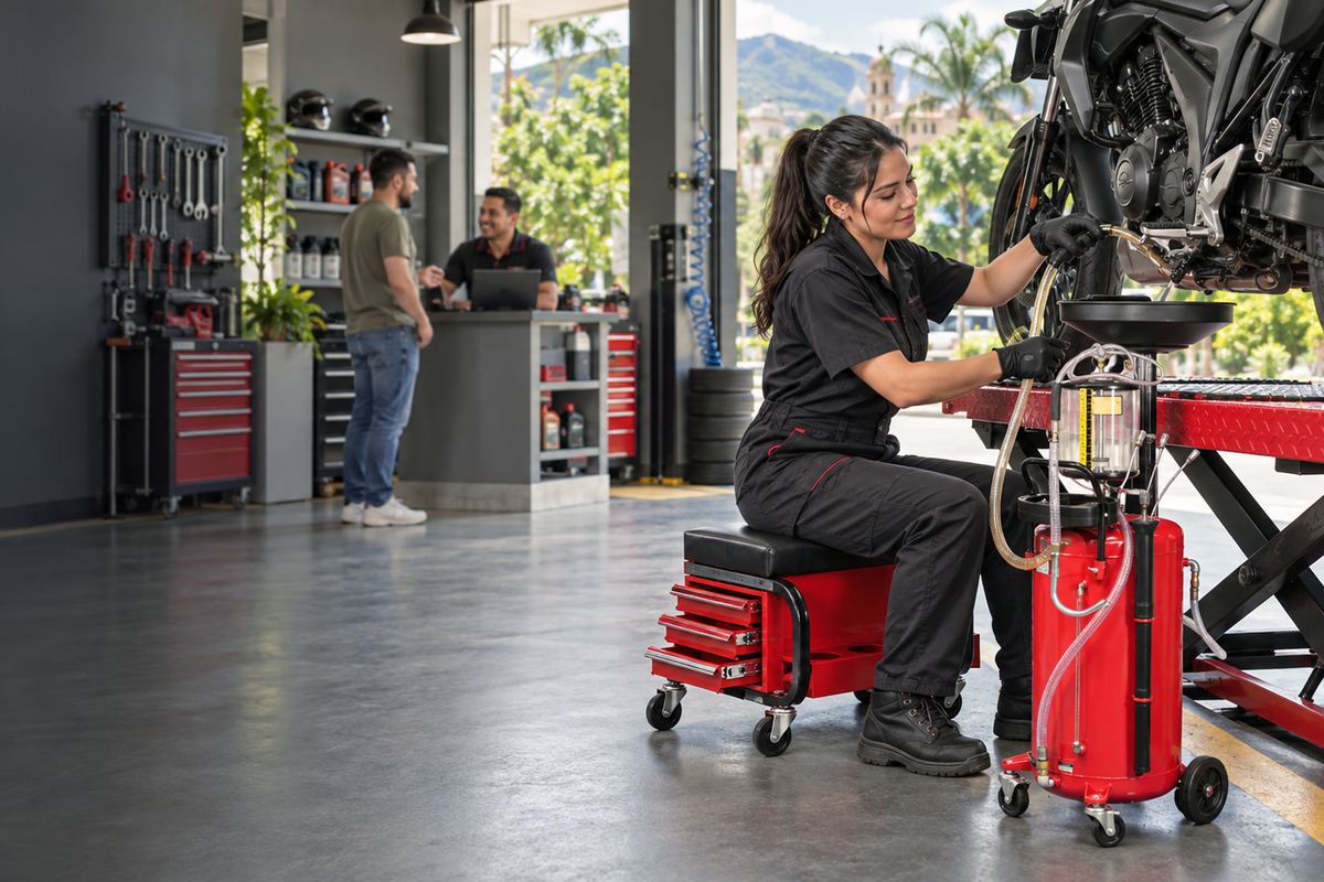 Técnica sentada en una silla herramientera recogiendo el aceite de una moto con un extractor