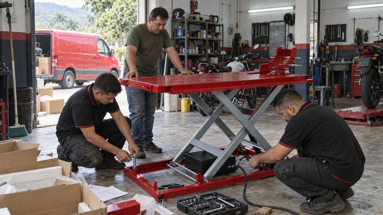 Técnicos armando una mesa elevadora de tijera recién llegada a un taller de motos